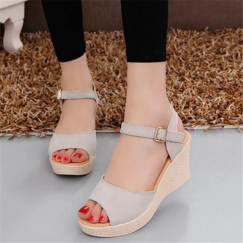 

Summer Shoes Women Sandals High Heels Platforms Wedge Woman Causal 7.5cm Heel Buckle Fashion, Beige