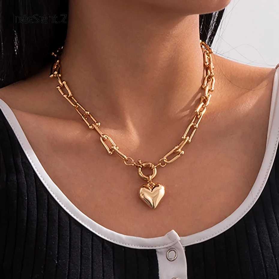 

IngeSight.Z Goth Gothic U Shaped Link Chain Choker Necklaces Statement Lover Heart Pendant Necklaces for Women Jewelry Collier P0809