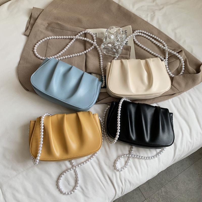 

Evening Bags Summer Pleated Pearl Chain Handlebags For Women PU Cloud Leisure Armpit Bag Shopping Shoulder Dumpling Handbag Female