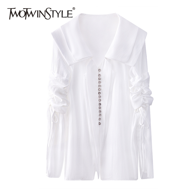 

White Casual Loose Drawstring Shirts For Women Sailor Collar Long Sleeve Ruched Slim Blouses Female Spring 210524