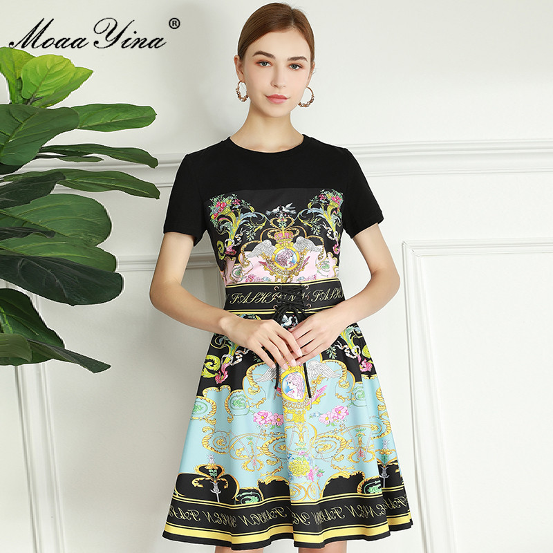 

Fashion Designer Summer Skirt Set Women's Black Casual Short sleeve Shirt+Belt High waist Print 2 Piece Suit 210524