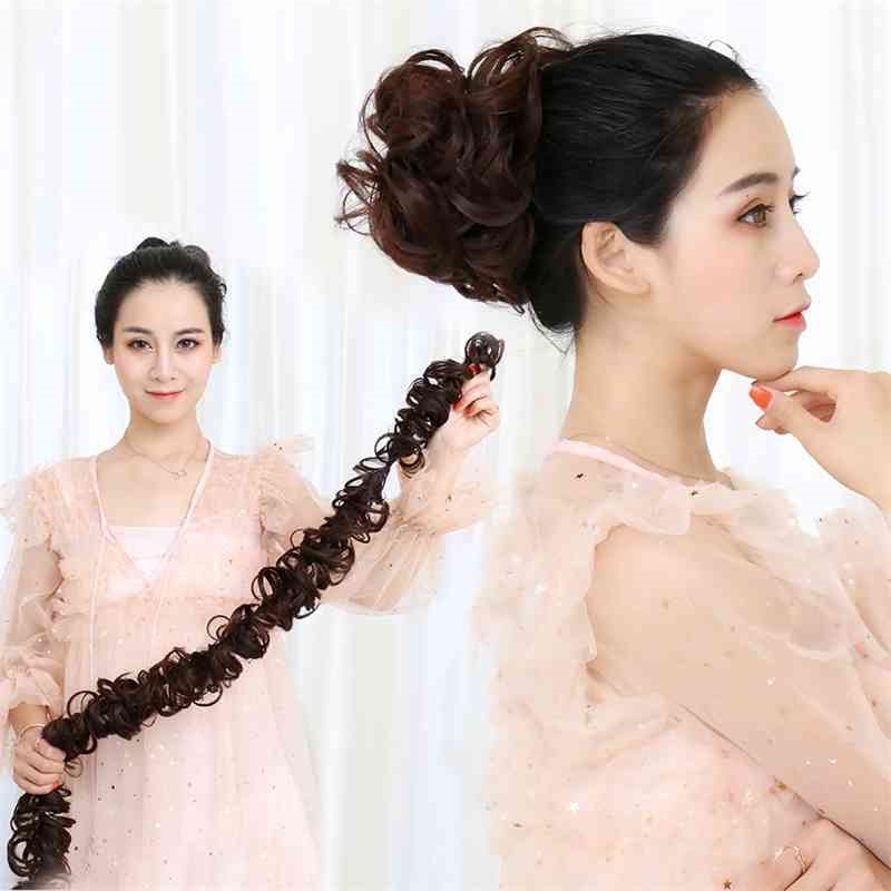 

girl's curl bride's Wig caterpillar long curly piece hairstrip flower bud ball head, Natural color