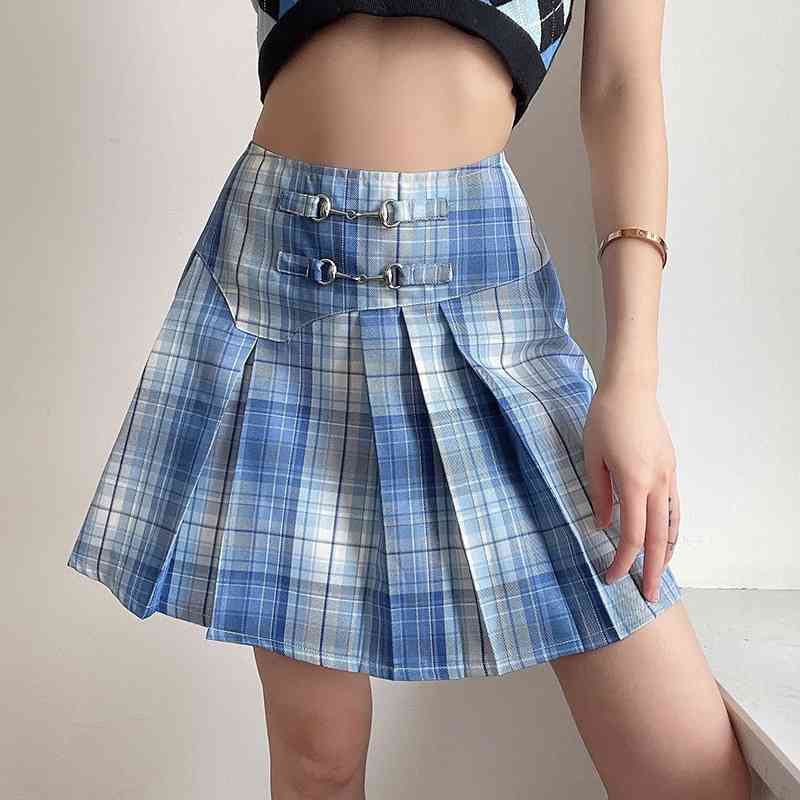 

Women's College style high waist Plaid metal pleated skirt y2k mini gothic 210602, Blue