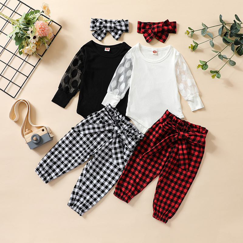 

kids Clothing Sets girls lattice outfits infant Lace sleeve Romper Tops+Plaid pants+Headband 3pcs/set Spring Autumn fashion Boutique baby clothes Z4821, Black