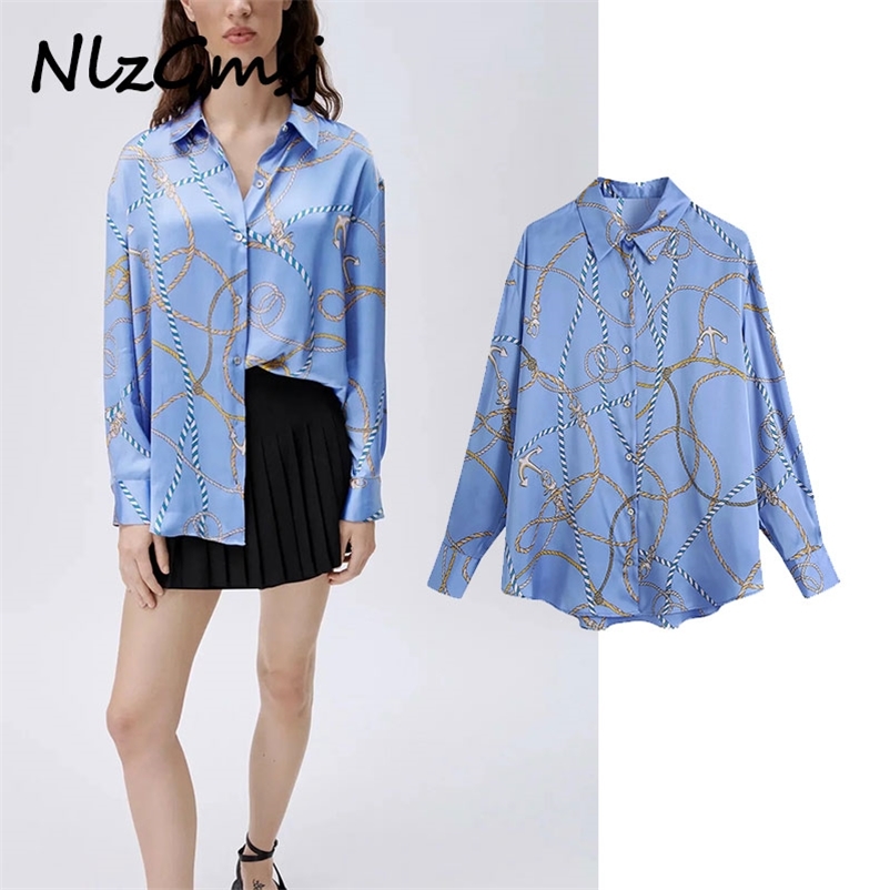 

Women Shirts Blue Print Oversized Woman Long Sleeve Button Up Collared Shirt Summer Flowing Ladies Tops 04 210628, As picture