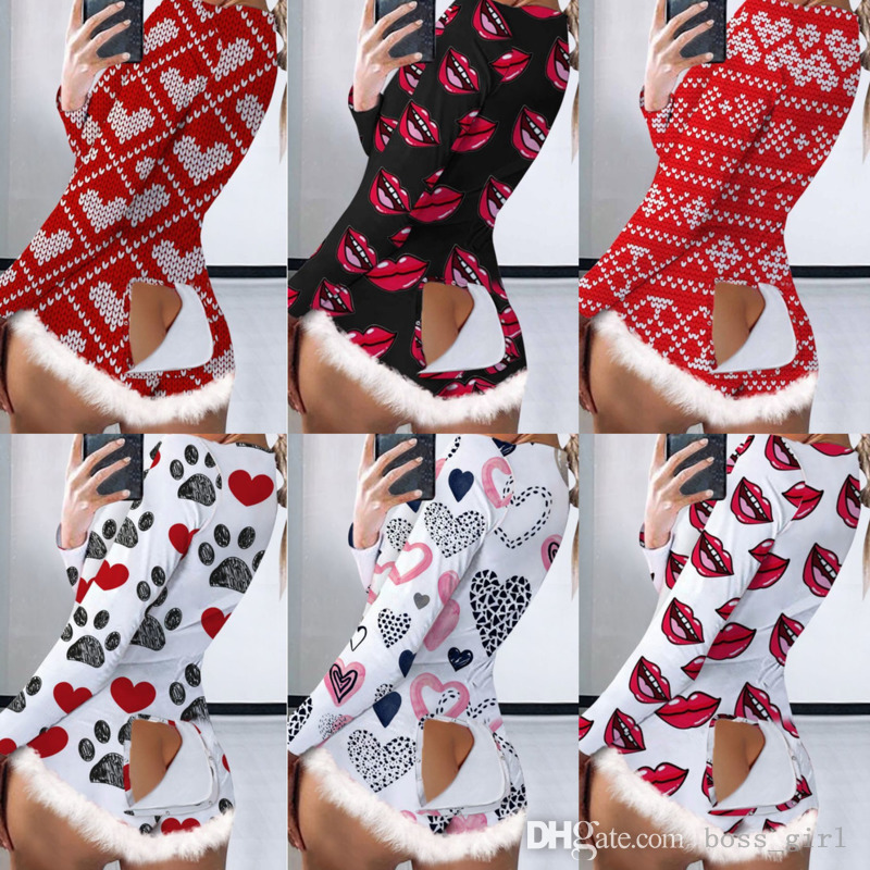 

Retail:Christmas And Valentine Day Sexy Women Jumpsuits Tracksuits Button Flap Strip Printed Pajama Onesies Nightwear Long Sleeved Playsuits Rompers, Yellow