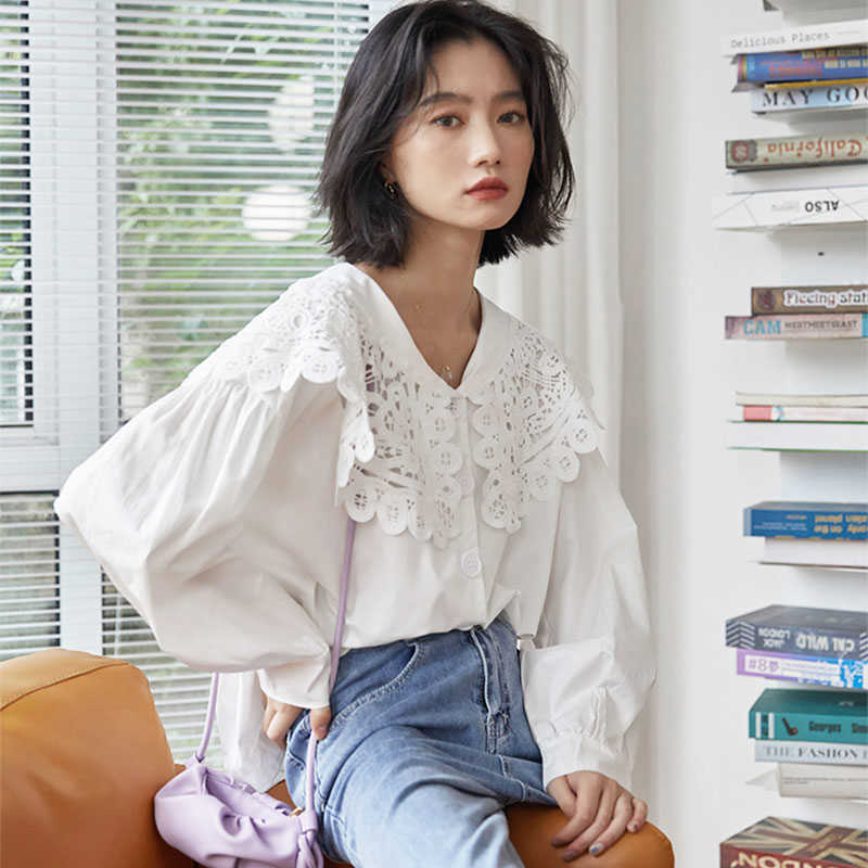 

Arrival Spring Korea Fashion Preppy Style Women Long Sleeve Loose White Shirts Lace Peter Pan Collar Cute Sweet Blouse V195 210608