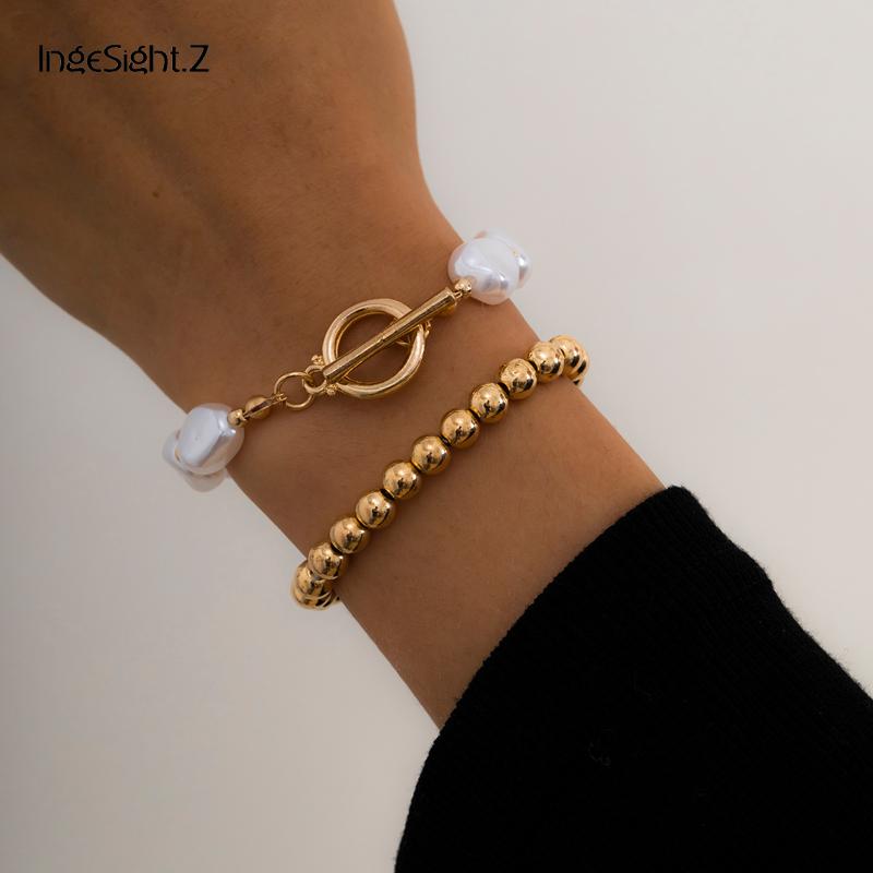 

IngeSight.Z 2Pcs/Set Imitation Pearl Chain Toggle Lasso Bracelets Plastic Beaded Wrist Bangles For Women Jewelry Charm, Golden;silver