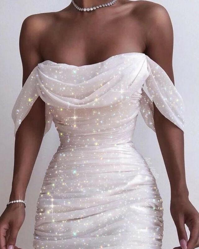 

Women' Swimwear Women Cocktail Ruffle Off Shoulder Prom Midi Dress Evening Party Bodycon Dresses, White
