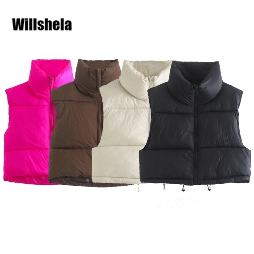 

Willshela Women Fashion High Neck Cropped Waistcoat Vest Casual Woman Sleeveless Puffer Jacket Chic Lady Winter Warm Outfits 211220, Green