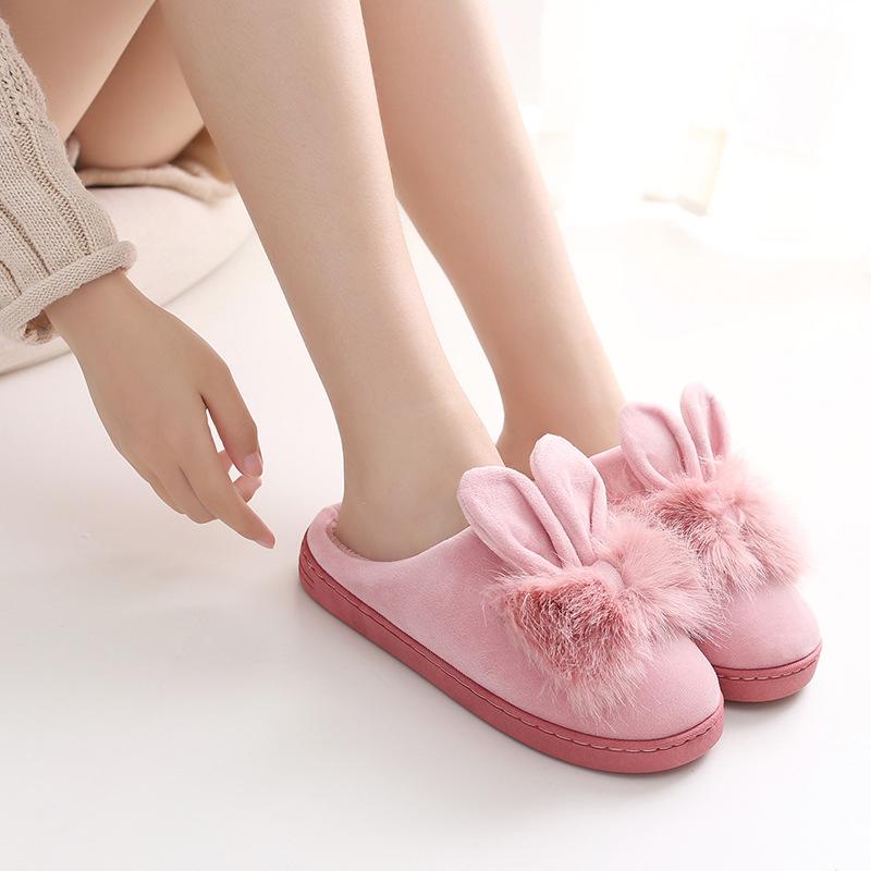

Slippers 2021 Lovely Women Pink Gray Cotton Ladies Home Bedroom Ear Winter Soft Keep Warm Slip On Flats Female, Black