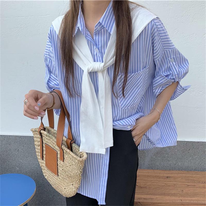 

Women's Blouses & Shirts HziriP Striped Elegance Short Sleeves Summer Loose 2021 Women Outwear Geometric Casual Chic Femme All-Match Shawl, Blue
