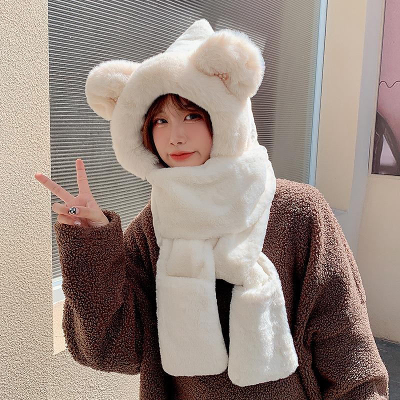 

Hats, Scarves & Gloves Sets Korean Plush Warm Autumn Winter Little Bear Ears Hat Scarf Three Piece Set White Pink Grey Beanie Gift 2021