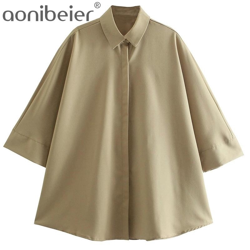 

Spring Summer Fashion Three Quarter Sleeve Button-up Women Shirts Casual Loose Blouses Female Long Shirt Solid Tops 210604, Coffee shirts