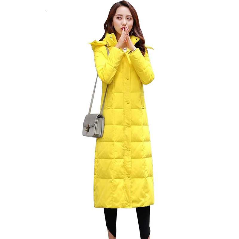 

down High Quality Women Winter Jacket Fashion Hooded Slim Thick Warm White Duck Down Coat X-Long Female Parkas Plus size, Black