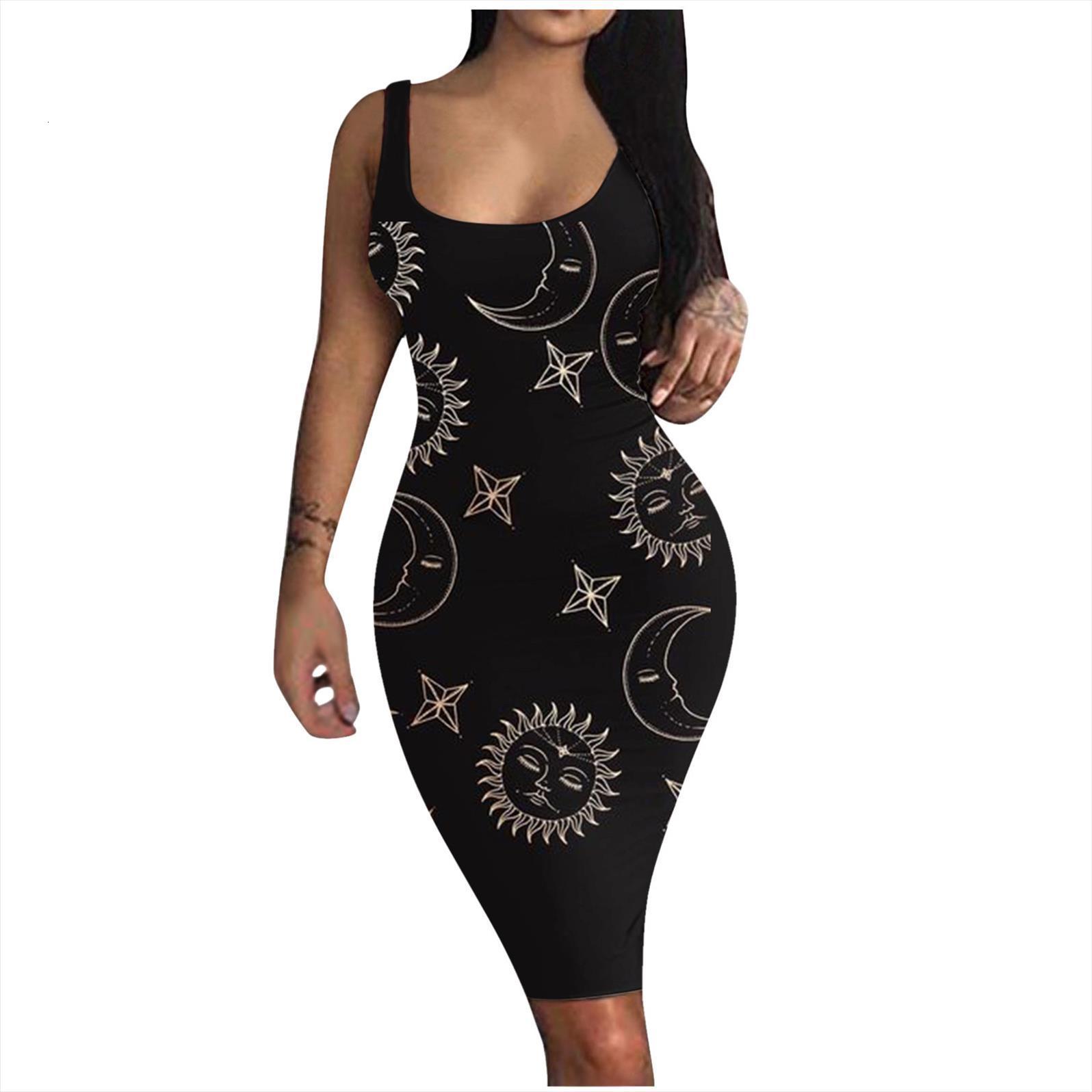 

plus size o neck womens dress print tank summer sheath sleeveless basic midi club daily sukienka letnia, Black;gray