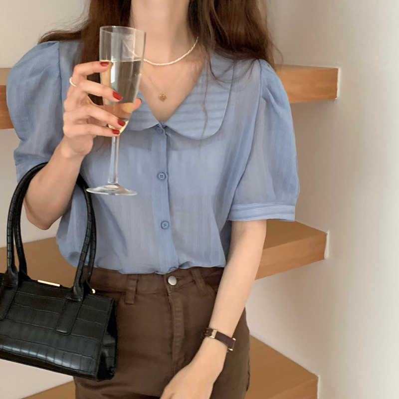 

Blouse Women Korean Tops Chic Doll Collar Puff Sleeve Short-sleeved Shirt Solid Casual Vintage Sweet Button Blusas Mujer 14819 210527, White
