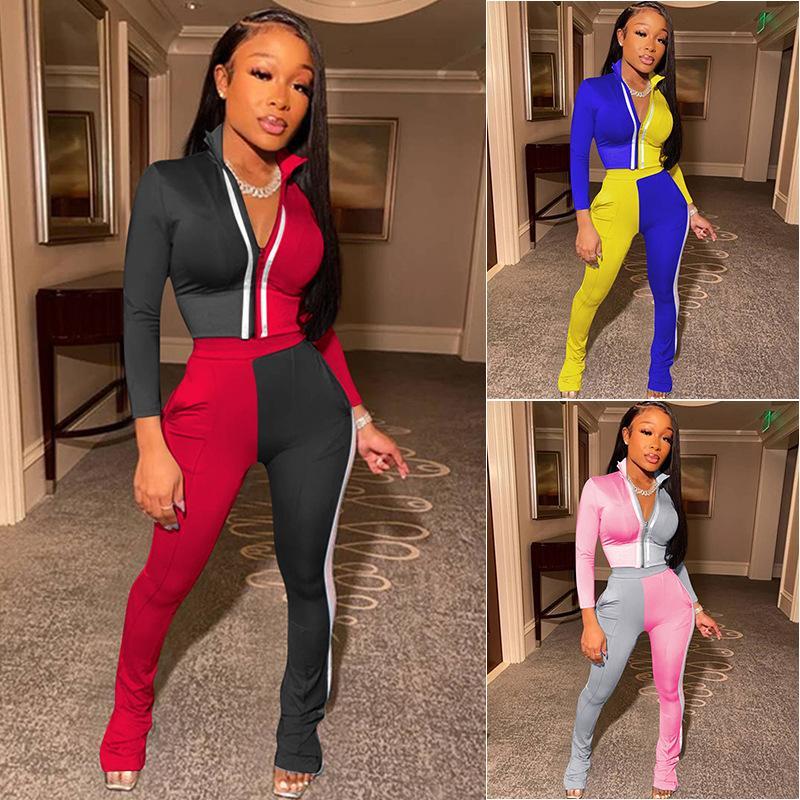 

Women' Tracksuits 2 Pcs Clothes Set Women Color Block Outfits Adults Long Sleeve Lapel Cardigan Crop Tops + High Waist Pants with Slant Pockets