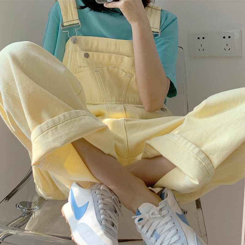 

Yellow Overalls Women Summer New Sweet Cute Jumpsuit Woman Strap Pants Straight Wide Leg Pants Loose Denim Trousers, Beige