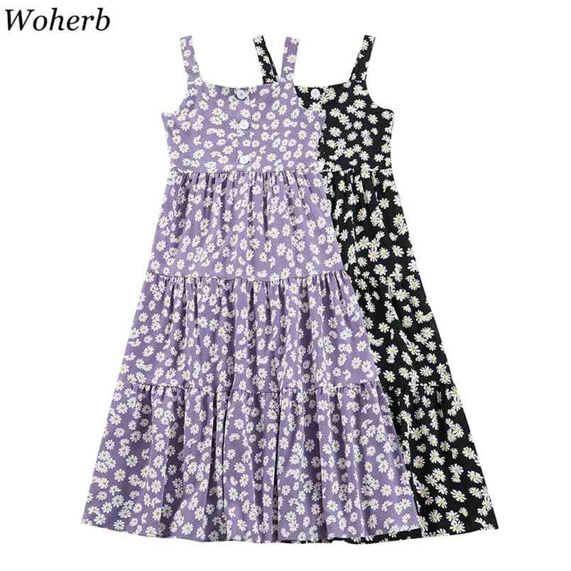 

Floral Sling Dress Women Summer Temperament Backless Beach Style Dresses Sweet Sleeveless Vestidos Vintage Robe 210519, Black