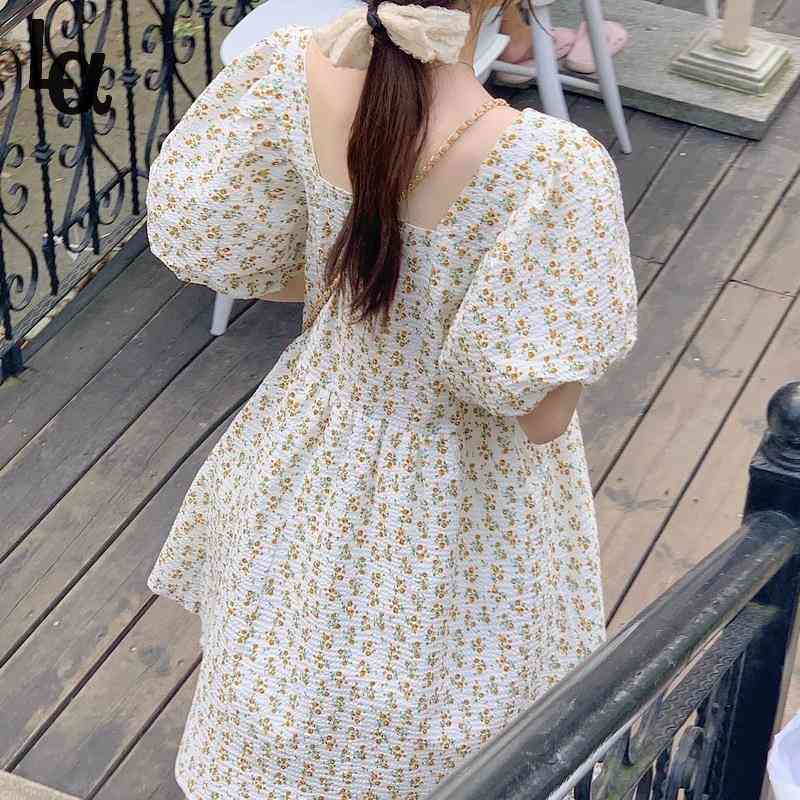 

Summer Sweet Floral Dress Women Elegant Korean Casual Princess Cute Kawaii Chic Puff Sleeve Holiday Boho 210519, Yellow