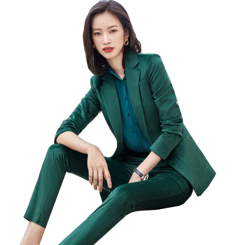 

Women' Two Piece Pants Fashion Latest Ladies Formal Business Pant Suit Women Green Apricot Red Blue Striped Uniform Design 2 Blazer Set, As shown