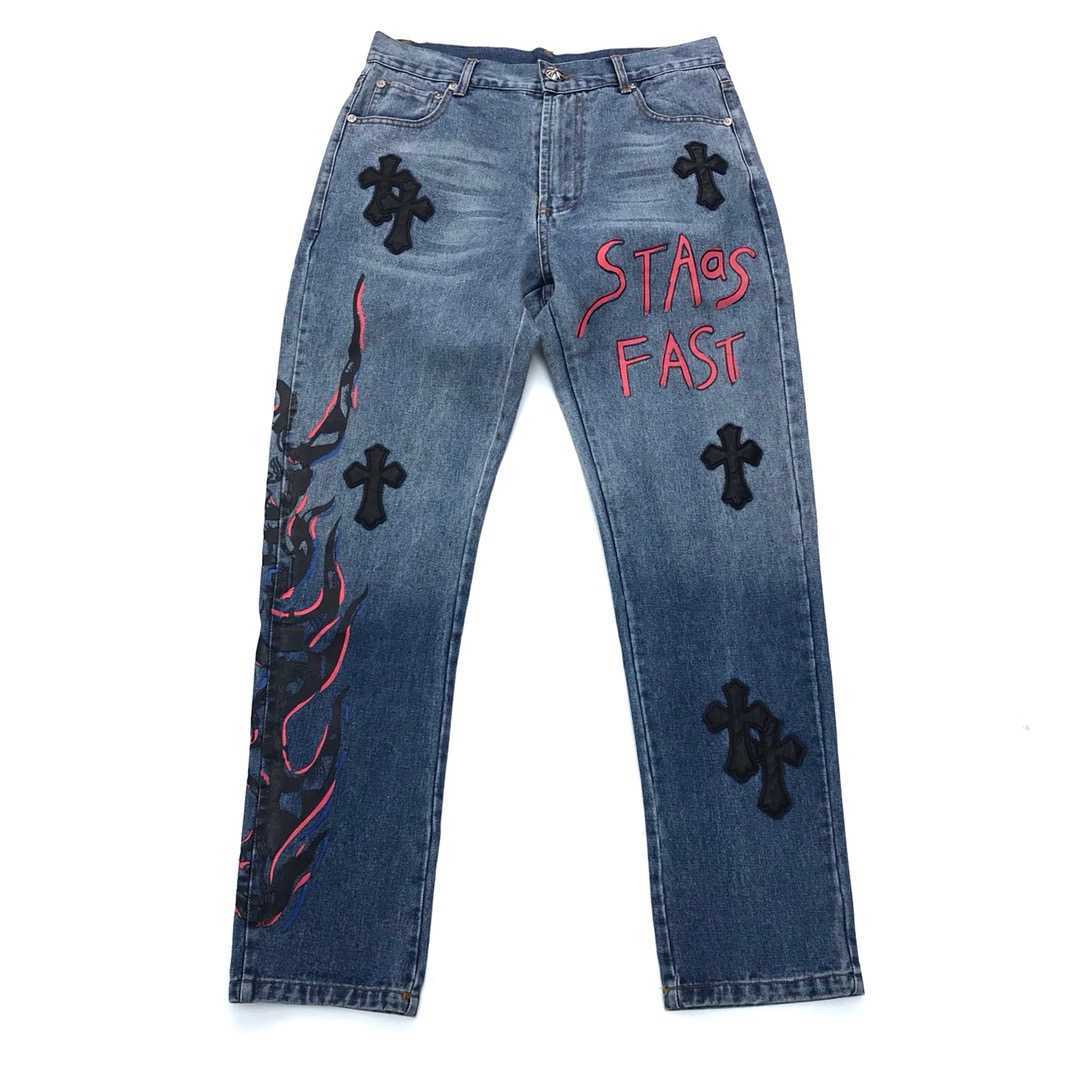 

2021 Label Autumn Men' Jeans Cross Leather Jeans Graffiti Early Symbol Ch Fashion Pants Dark Street Style InsE75Q, Denim blue