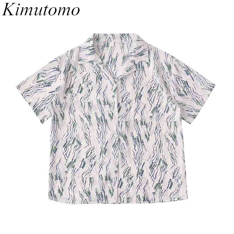 

Kimutomo Chic Vintage Korean Blouse Hong Kong Holiday Style Summer Notched Short-sleeved Chiffon Print Shirt Casual 210521, White