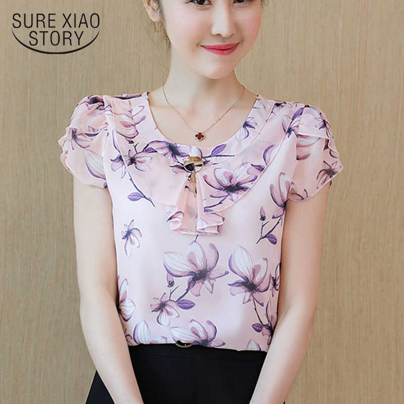 

Printing Short Sleeve Chiffon Shirts Lady Summer Office Lady Plus Size Slim Was Thin Casual O-Neck Women Tops 4788 50 210527, Flower