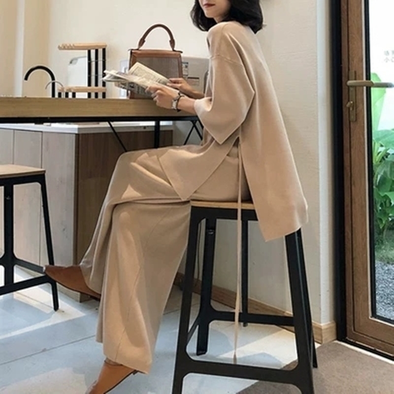 

Knitting Female Sweater Pantsuit For Women Two Piece Set Knitted Pullover V-neck Long Sleeve Bandage Top Wide Leg Pants Suit 210525, Picture color