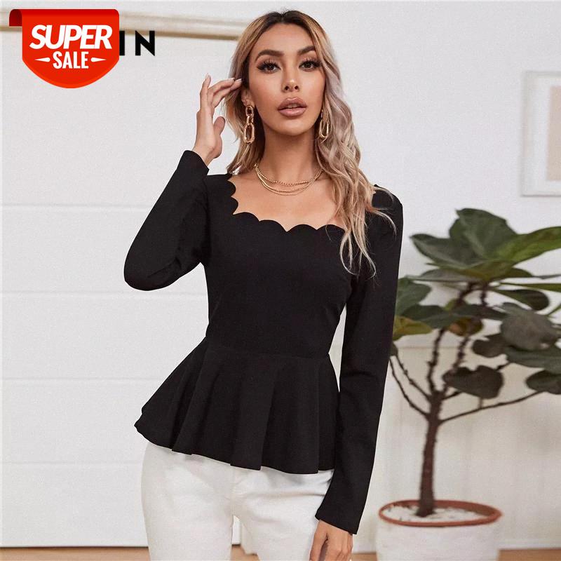 

T-shirt Black Scallop Trim Square Neck Ruffle Hem Top Women Spring Office Ladies Slim Fit Flared Elegant Tops and Blouses Party #MK33, White
