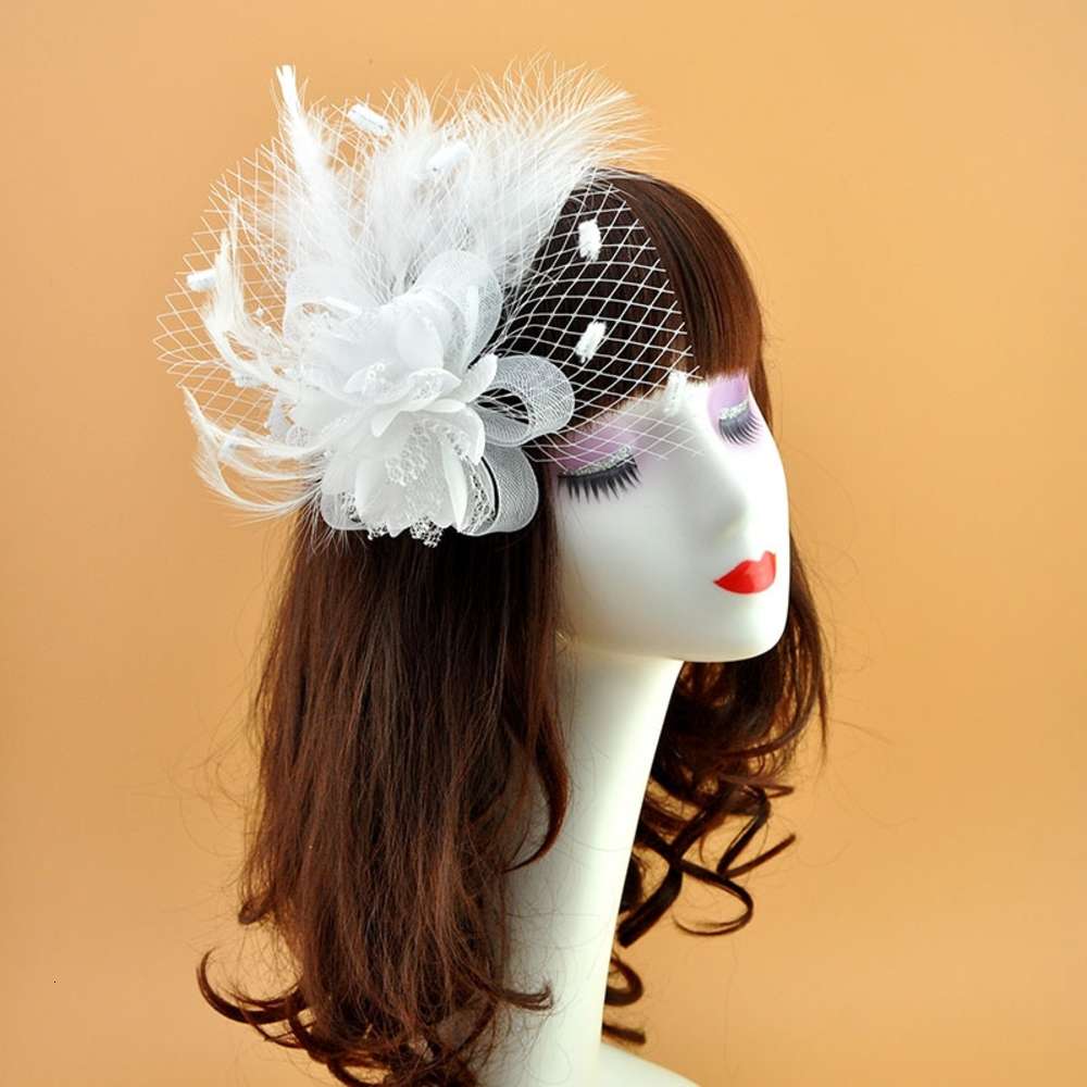 Flower feather headdress White Bridal net hairpin Pin Brooch female-image-695424083
