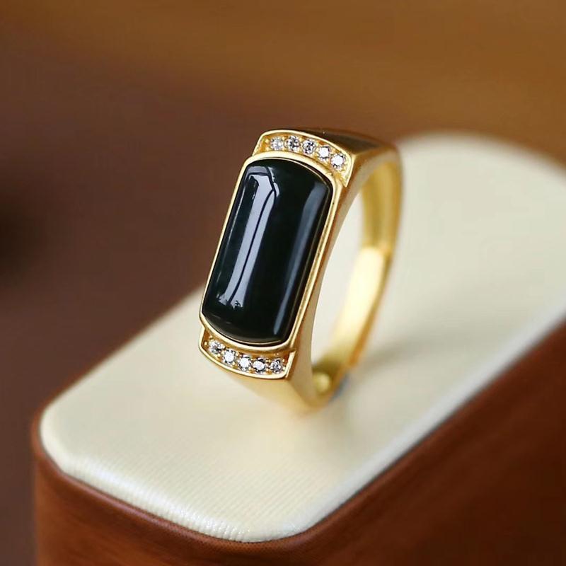 Cluster Rings Silver Inlay Natural Black Agate Moyu Retro Men And Women Couples Same Opening Adjustable Ring-image-711610006