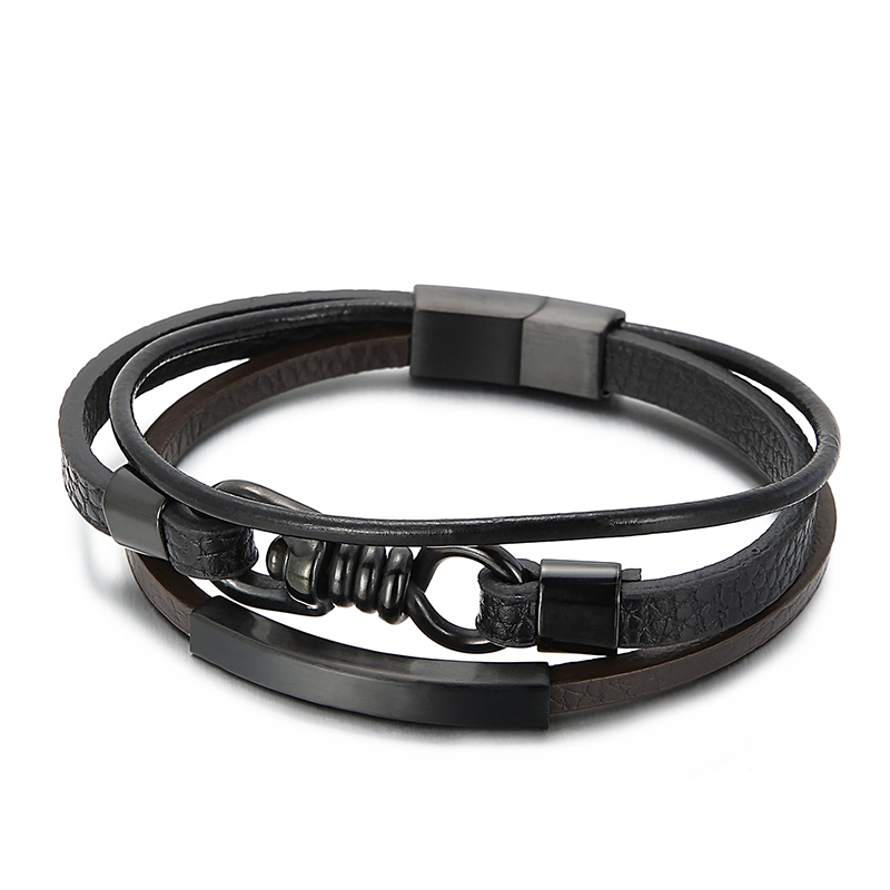 

European Punk Jewelry (5 pieces/lot) Stainless Steel Charm Metal Accessories 3 Layer Men Leather Bracelet Black