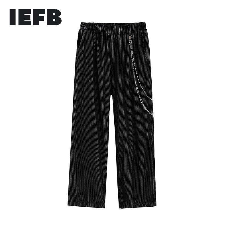 

IEFB Men's Simple Stripe Casual Pants Elastic Waist Causal Sweatpants With Chian Hip Hop Streetwear Male Wide Leg Trousers Y5185 210524, Black