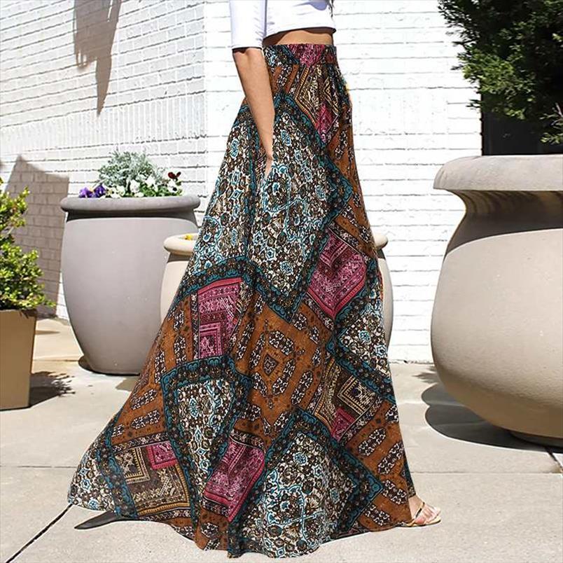 

summer bohemian long printed womens skirts a line elegant loose bottoms fashion casual high elastic waist, Black