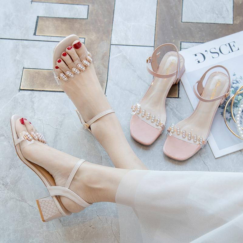 

Sandals Women Line High Heel For With Thick And Open Toe, Beige