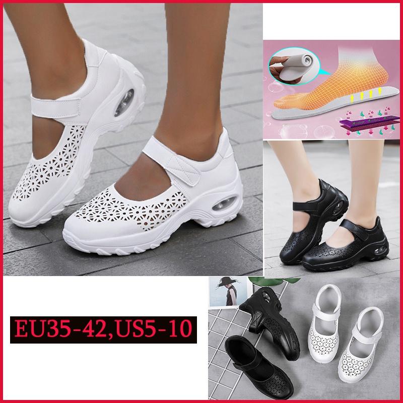 

Sandals Fashion Women Summer Wedges Casual Shoes White Air Cushion Shoe Platform Breathable Sport Walking Hollow Leather, Black