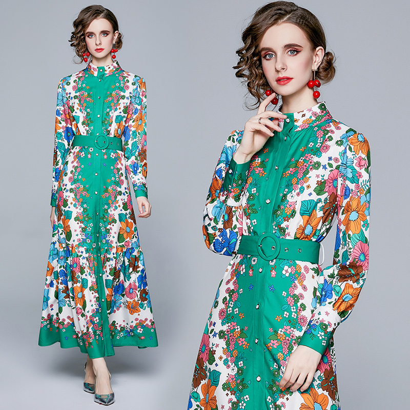 

Retro Floral Women Designer Shirt Dress With Belt 2022 Long Sleeve Single-Breasted Runway Elegant Maxi Dresses Spring Autumn Office Lady Party Casual Printed Frock