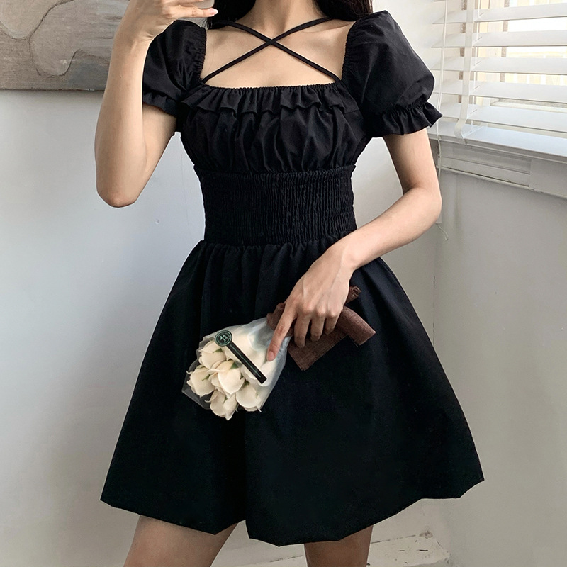 

GothGirl Dark Black Dress Women Square Collar Lace High Waist Mini A-line Dress Sweet Lolita Night Club Party Dress for Female