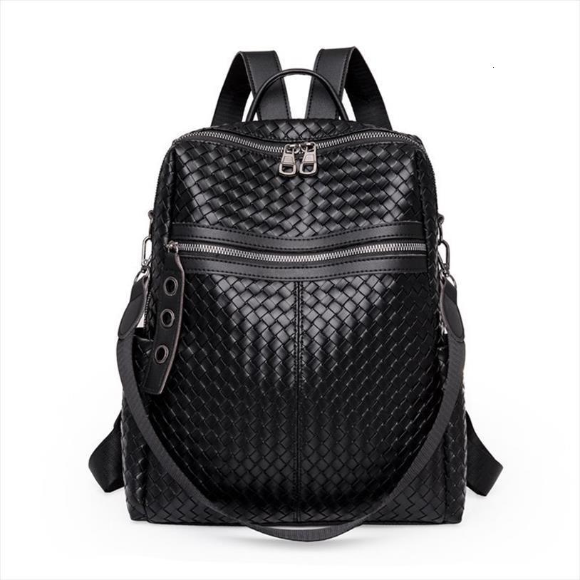 

fashion backpack women large capacity woven pattern pu leather bagpack big ladies leisure travel bag pack