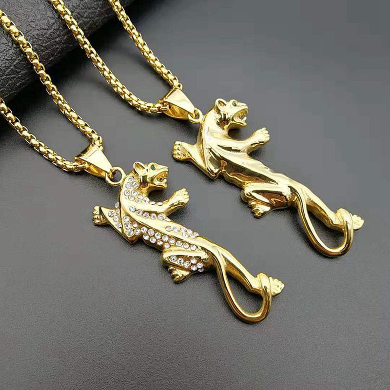 

Hip Hop Necklaces Bling Gold Plated Diamond Stainless Steel Leopard Panther Animal Pendants Necklace for Men Rapper Jewelry, Silver
