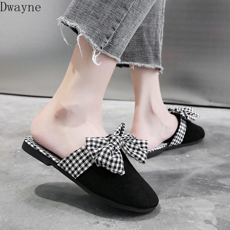 

Slippers 2021 Checkered Bow Flat Wild Fashion Lazy Muller Children, Black