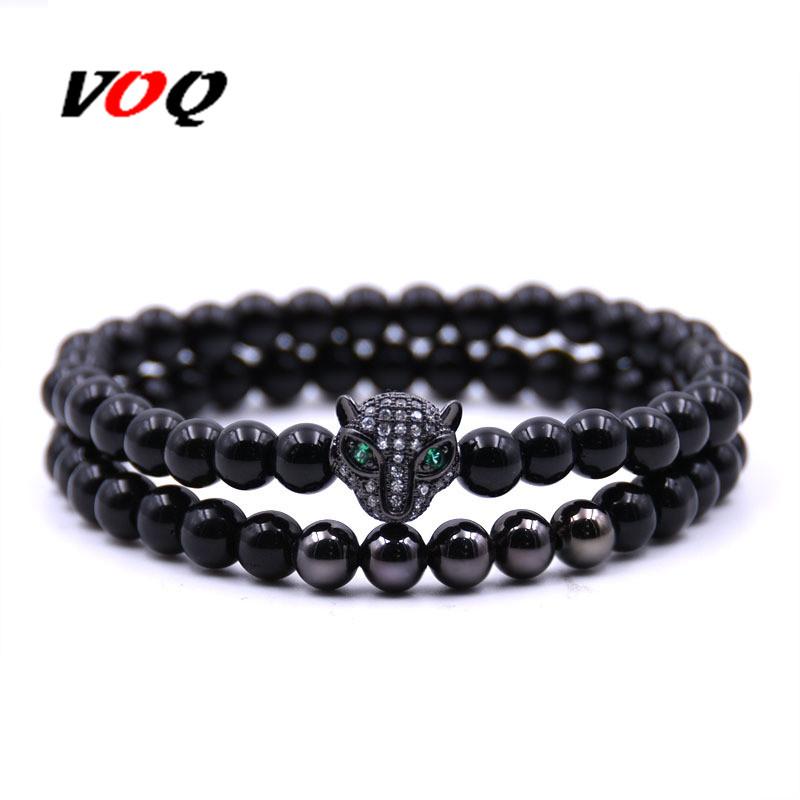 

Charm Bracelets 1Set 2pcs 6mm Natural Stone Beads Bracelet Set Leopard Head Inlaid Cz For Men's Women's 2021 Luxury Jewelry