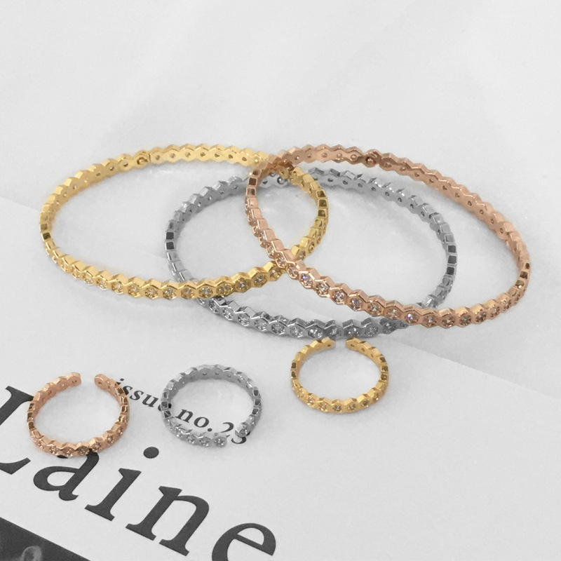 Net Red Ins Fashion Full Diamond Honeycomb Cuff Bracelet Female 18K Rose Gold Hexagonal Geometric Rhombus Jewelry-image-738796921