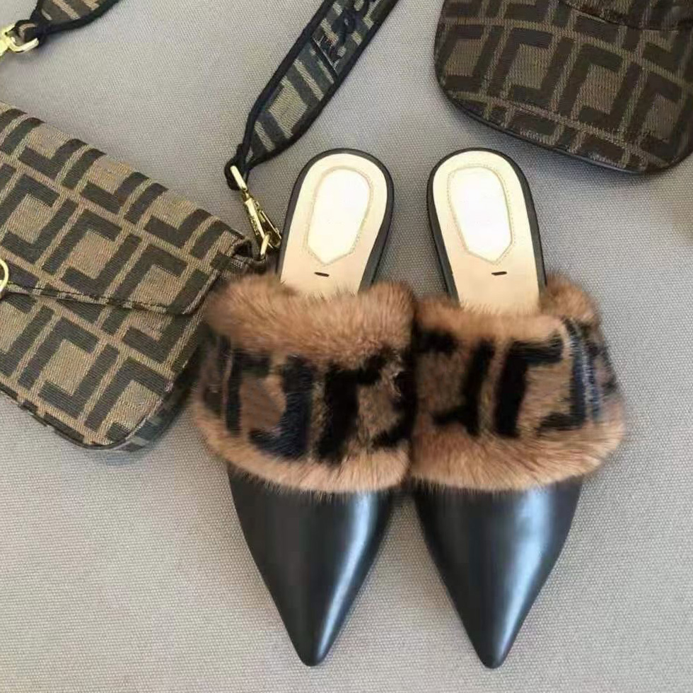

Top quality Double F motif fur flats Mules women slippers Brown FF flat Slip On closed pointed toes shoes luxury designers slides slipper factory footwear, Black