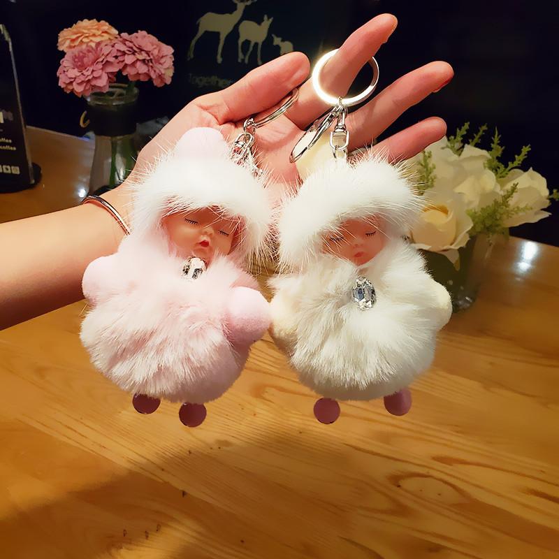 

Pompom Sleeping Baby Keychain Cute Fluffy Plush Doll Keychains Women Girl Bag Keyrings Cars Key Ring Jewelry Gift Porte Cl Decorative Object