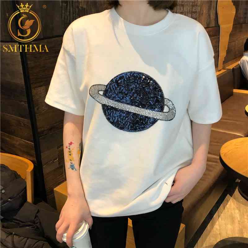 

Women Sequined Planet T-Shirt Black White Short-Sleeved Summer Embroidery Tops 210520, Photo color
