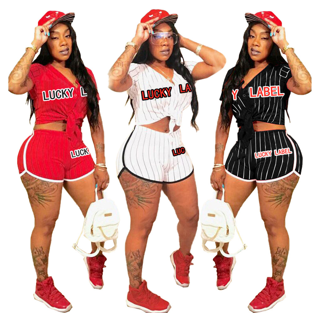 

Summer Designer women tracksuits fashion Sexy Women's Letter Print Striped Baseball Button Two Piece Sets casual Short sleeve shorts Outfits S-XXL 8092, Black