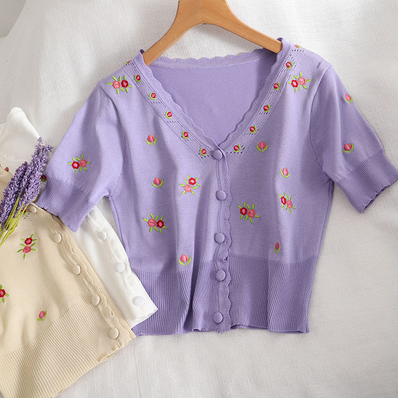 

Lucyever Fashion slim printing button knitt shirt women Summer elegant V-neck short sleeves shirt woman Casual short tops ladies 210521, Purple